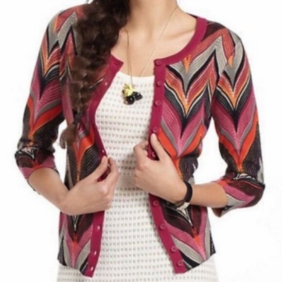 Anthropologie Tabitha Sweater Button Up Cardigan Size S Multi Chevron Fall Retro - Picture 1 of 13